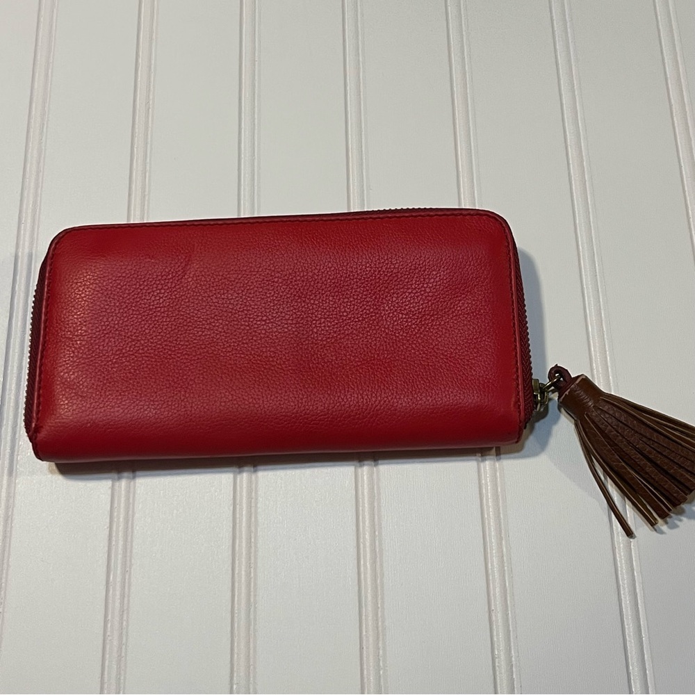Fossil Tara Brick Red Leather Zip Around Clutch Wallet Tassel Organizer - Picture 3 of 6